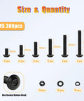 Size variety of M5 Screw Kit 280Pcs With Nuts Lock Washers Flat Washers Grade 10.9 Alloy Steel Hex Socket Button Head Black Screws
