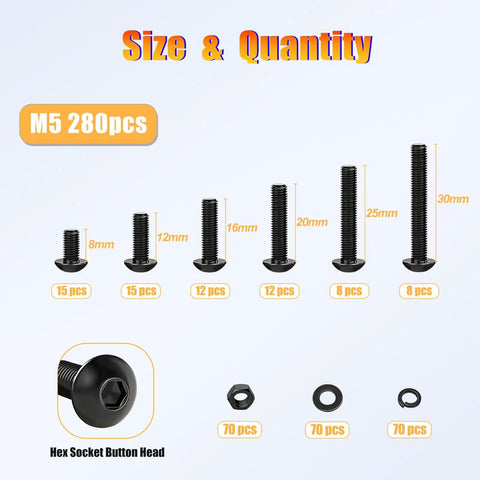 Size variety of M5 Screw Kit 280Pcs With Nuts Lock Washers Flat Washers Grade 10.9 Alloy Steel Hex Socket Button Head Black Screws