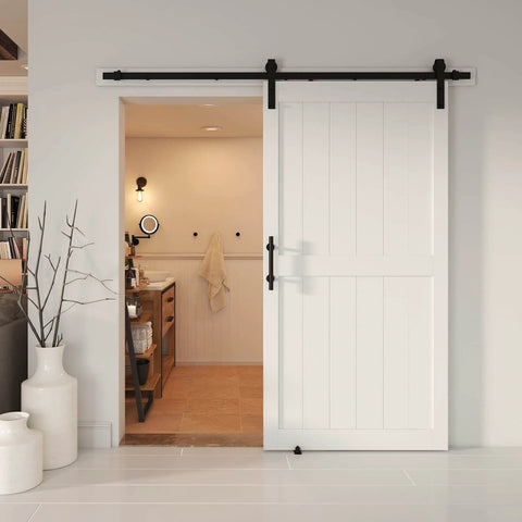Front view of a 42 by 84 inch sliding barn door with seven foot hardware kit and handle, floor guides, pre drilled holes, easy assembly, waterproof PVC surface, H frame, white finish, DIY friendly installation manual included.