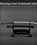 Wakizashi Iaito Training Sword For Iaido Practice Unsharpened Stainless Steel Blade With Fuller Groove on display stand