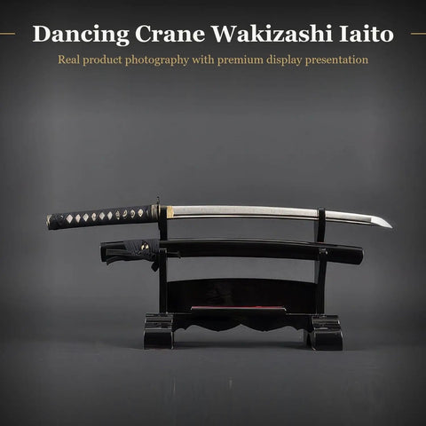 Wakizashi Iaito Training Sword For Iaido Practice Unsharpened Stainless Steel Blade With Fuller Groove on display stand