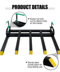 Heavy Duty Clamp On Debris Forks For 48 Inch Loader Bucket Pallet Forks With Five Tines And 2500 Pound Capacity Attachments Built Tough For Loader Buckets Skid Steer And Tractor shown with screw rods and sturdy steel tines.