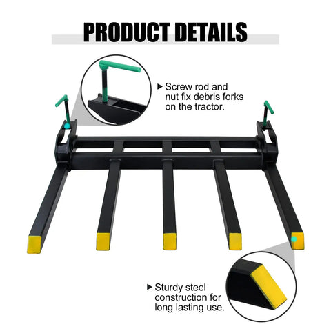 Heavy Duty Clamp On Debris Forks For 48 Inch Loader Bucket Pallet Forks With Five Tines And 2500 Pound Capacity Attachments Built Tough For Loader Buckets Skid Steer And Tractor shown with screw rods and sturdy steel tines.