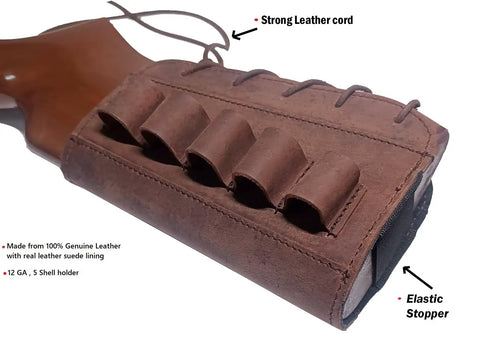 Genuine Leather Buttstock Cover With Cheek Rest Pad And Five Shell Holder For 12 Gauge Shotguns Holds Five Shells