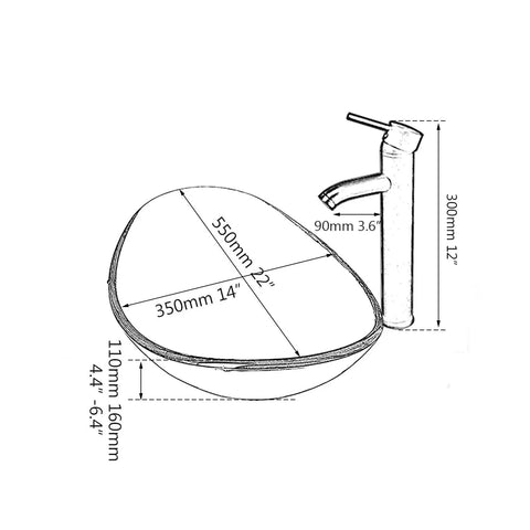 Diagram of Artistic Tempered Glass Oval Vessel Sink Above Counter with Chrome Faucet and Pop Up Drain in Silver Finish