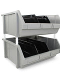 Extra Large Stackable Storage Bins Two Pack With Heavy Duty Polypropylene Build For Big Time Bulk Storage In Gray With Hangable And Side Connect Design For Garage Shop Warehouse And Home Organization Measuring 16.5 By 14.5 By 6.9 Inches, shown stacked with dividers.