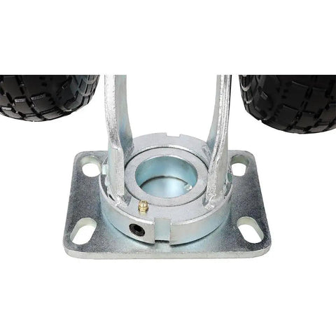 10 Inch Dual Wheel Swivel Caster With Flat Free Pu Foam Tires And 660 Lb Heavy Duty Plate Mount Casters base view showing plate mount and roller bearings.