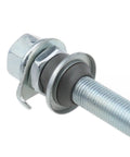 Close-up of High Grade Carbon Steel Front Hub Axle For Road And City Bikes Featuring 140 Mm Length With Three Eighths Inch Diameter Painted Silver Finish.