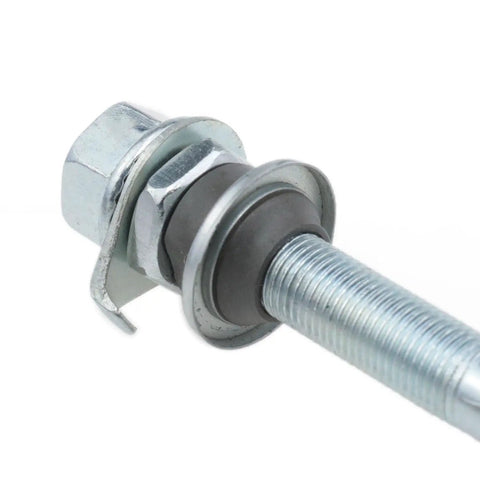Close-up of High Grade Carbon Steel Front Hub Axle For Road And City Bikes Featuring 140 Mm Length With Three Eighths Inch Diameter Painted Silver Finish.