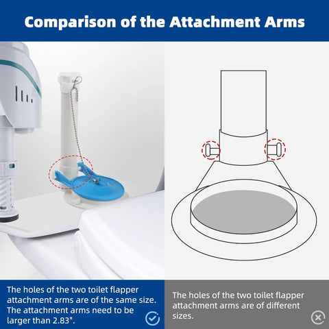 Comparison image showing attachment arms for 3-Inch Toilet Flapper Replacement Kit For Gerber 99-788 With Rubber Flapper And Stainless Steel Chain.