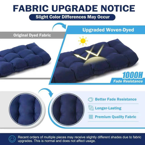 Image showing fabric upgrade notice for Outdoor Bench Cushion 48 By 18 By 5 Inch Waterproof Tufted Seat Pad with fade resistance features.
