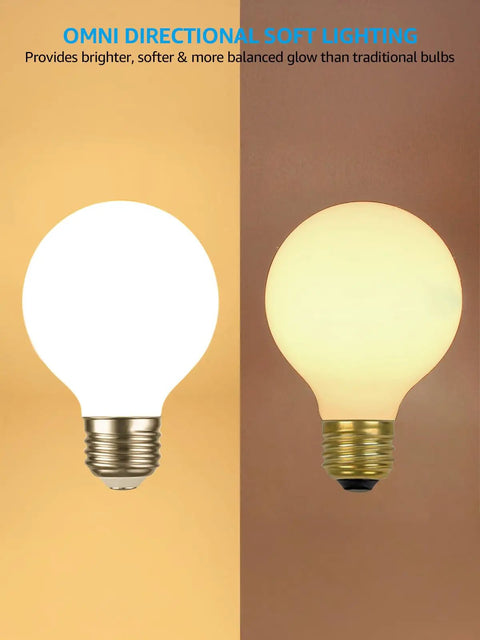 G25 Globe LED Dimmable Vanity Bulbs For Bathroom Frosted Edison Style Glow Soft White Vibe 2700K UL Listed 6-Pack displayed glowing