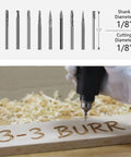 Mini Carbide Burrs Set One Eighth Inch Shank Double Cut Tungsten Carbide Burrs For Die Grinder Rotary Tool in use for carving wood