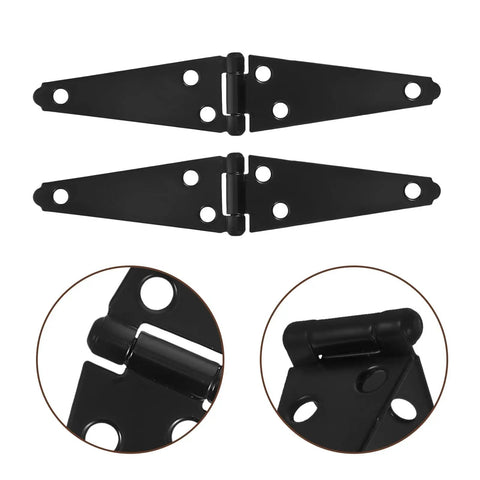 2 Pack Beefy Heavy Duty Decorative Strap Hinges For Yard Gates And Outdoor Use, black galvanized iron with screws detail view