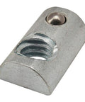 Real Deal Steel Roll In T Nuts With Ball Springs For Aluminum Extrusion Frames Built Tough As A Nail Straight Up Heavy Duty 1/4 20 Fasteners Bright Zinc Coated T Slot Connectors Pack Of Ten close-up image of zinc coated T nut