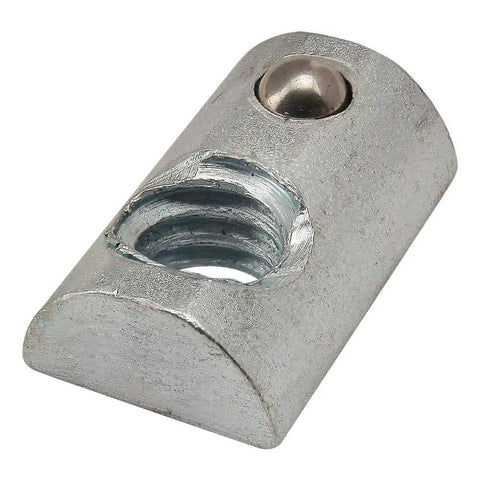 Real Deal Steel Roll In T Nuts With Ball Springs For Aluminum Extrusion Frames Built Tough As A Nail Straight Up Heavy Duty 1/4 20 Fasteners Bright Zinc Coated T Slot Connectors Pack Of Ten close-up image of zinc coated T nut