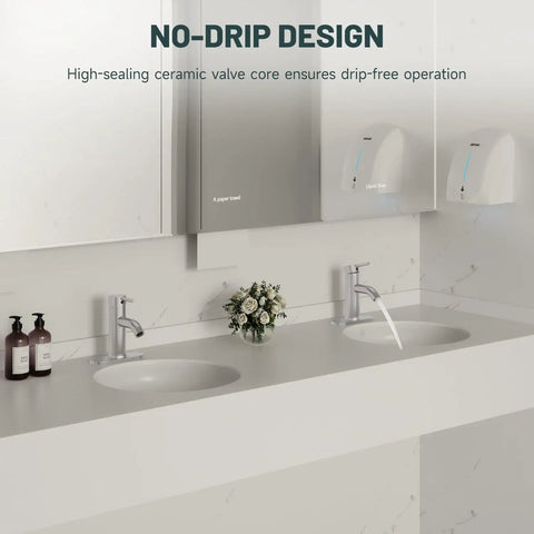 Brushed Nickel Single Hole Bathroom Faucet With One Handle in a modern bathroom setting, showing dual sinks with mirror.