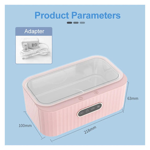 Check out this slick Hualuck ultrasonic cleaner for spotting your jewelry, glasses, watches and manicure stones showing dimensions and power adapter.