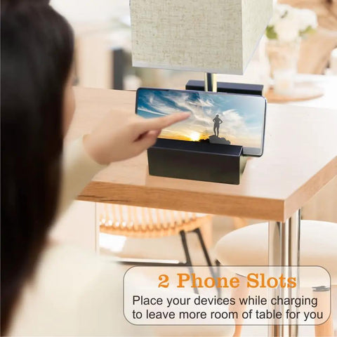 Must Have Fully Dimmable Bedside Lamp Set with Dual USB Ports and AC Outlet, Linen Fabric Shade, two built-in phone stands in use