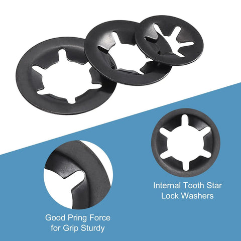 180 Piece Internal Tooth Lock Washer Assortment Kit With Eight Metric Sizes And Premium 65Mn Steel crafted washers showing internal teeth design.
