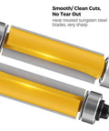Detailed view of the Four Piece Flush Trim Router Bit Set With One Quarter Inch Shank And Dual Bearings, featuring sharp tungsten carbide blades.
