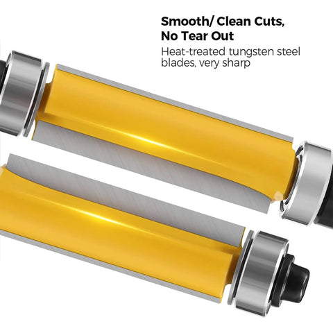 Detailed view of the Four Piece Flush Trim Router Bit Set With One Quarter Inch Shank And Dual Bearings, featuring sharp tungsten carbide blades.