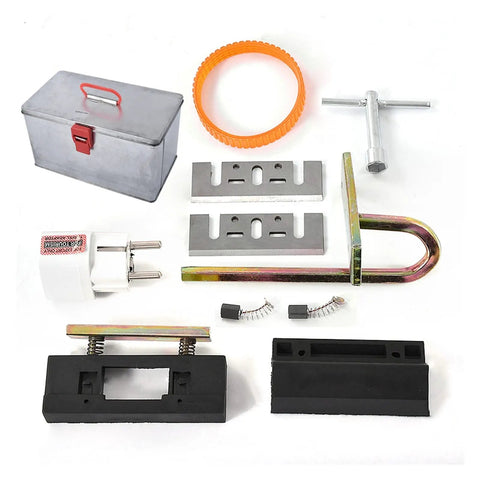 Heavy Duty Electric Wood Planer Pumping Out 980 Watts At 23000 Rpm To Crush Rough Timber Smooth As Silk With Tough Aluminum Bed And Quick Release Lever For Serious Shop Hustle, Tool components and accessories laid out.