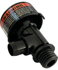 Manual relief valve for pool filter; close-up of black plastic body with red warning label and threaded inlet/outlet