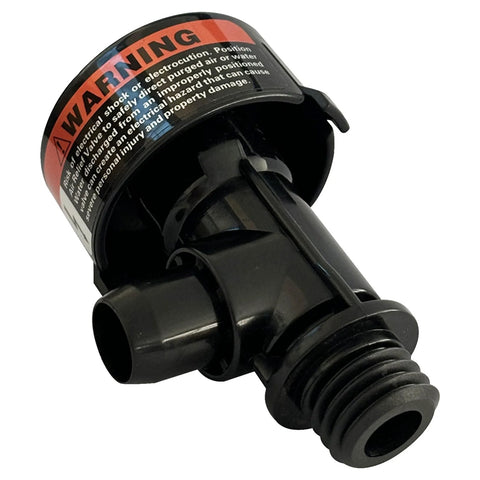 Manual relief valve for pool filter; close-up of black plastic body with red warning label and threaded inlet/outlet