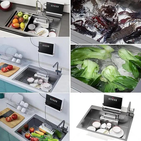 Zero Hassle Quick Install Automatic Sink Dishwasher For Renters And Tiny Apartments Cleans Plates Veggies And Fruits Smooth Electric In Sink Cleaning Machine with fruits, plates, and vegetables in different sink setups.