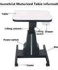 Rugged Electric Optical Lift Table For Eye Care Clinics Featuring Smooth Silent Height Adjustments And Plenty Of Roomy Storage Drawers In Matte Black Coating with labeled features.