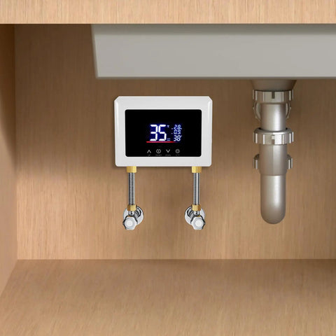 Top Tier Built Different Wall Mount Instant Electric Water Heater 3000W Tankless Kit with digital panel under a sink.