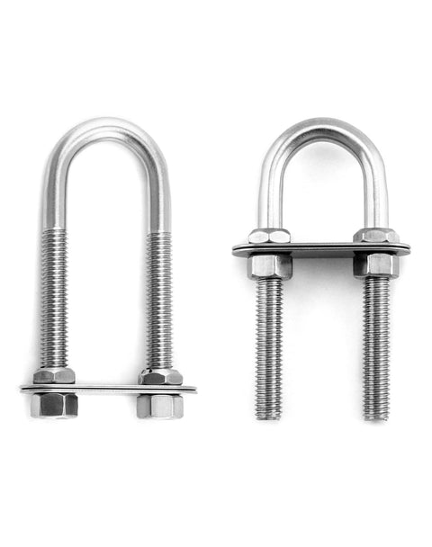 Two stainless steel stern eye tie-down U-bolts with mounting plates and nuts, 3/8 in diameter, 2-1/2 in thread length