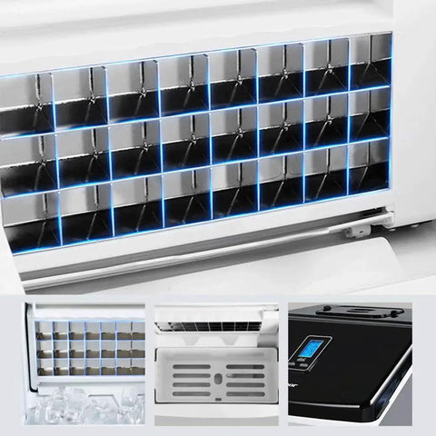 Compact Countertop Ice Maker Cranks Out 24 Frosty Cubes In Under 20 Minutes With A 2.2L Quick Pour Tank And Zero Fuss Self Clean Design view of ice tray and control panel
