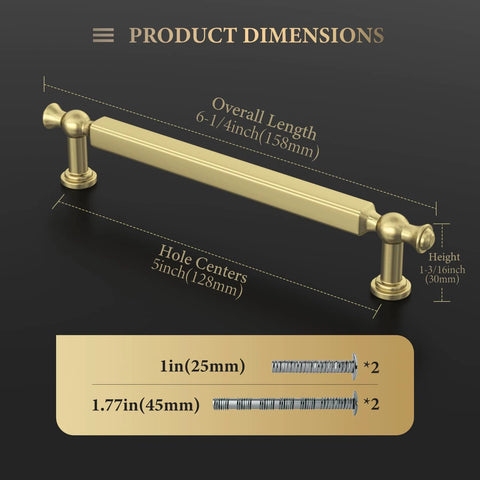 Brushed Gold Cabinet Pulls 10 Pack, 5 Inch Hole Center Drawer Handles, dimensions with screws, zinc alloy hardware for kitchen dresser.