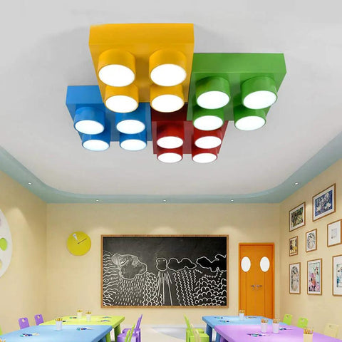 Modern Kid Friendly Kids Room Flush Mount Ceiling Light Fixture Made Of Acrylic With Colorful Block Toy Shape In Square Blue Design