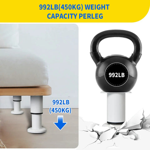 Heavy Duty Adjustable Furniture Support Legs Set White Four Pack With Mounting Hardware Tough Steel Center Posts under a platform bed.