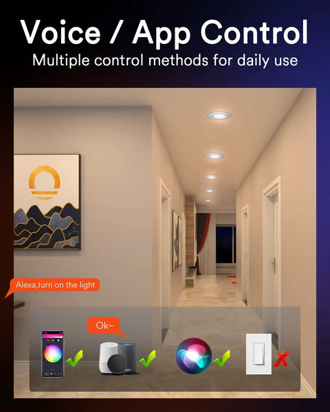 Smart Recessed LED Can Lights Five To Six Inch With Baffle Trim, 13W 1100LM RGBWW, WiFi Bluetooth in a hallway with controls.