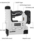 20V Cordless Brad Nailer And Staple Gun 18 Gauge 2 In 1 Nail Gun with battery pack and labeled parts for upholstery and carpentry