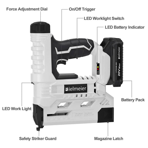 20V Cordless Brad Nailer And Staple Gun 18 Gauge 2 In 1 Nail Gun with battery pack and labeled parts for upholstery and carpentry
