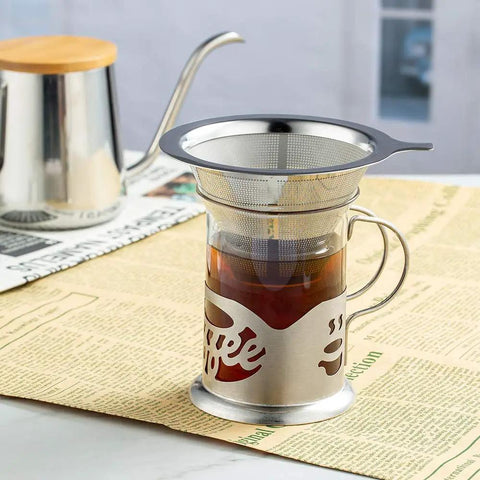 Upgraded Stainless Steel Pour Over Coffee Filter Dripper For One To Two Cups With 800 Mesh Slow Filter in use over glass mug