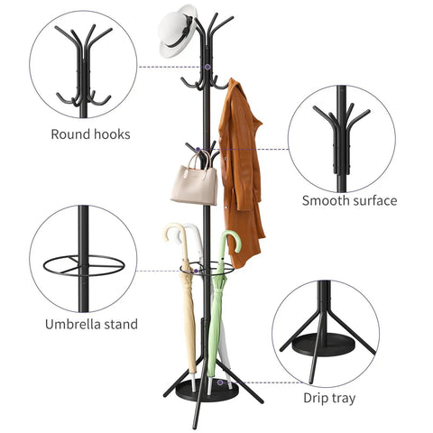 Freestanding Coat Rack With 12 Hooks And Umbrella Holder For Entryway Or Hallway Sturdy Metal Tree Stand In Black with details