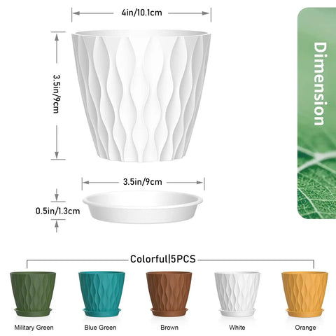 4 Inch Small Plastic Nursery Pots Set Of Five With Drainage Holes And Saucers Water Ripples 3D Wave Design