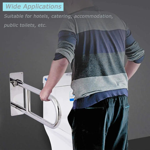 User holding sturdy 31.4 inch stainless steel handicap grab bar wall mounted with flip up toilet rail for shower and bath safety.
