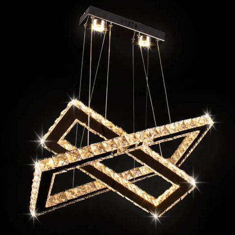 Two Ring Crystal Chandelier LED Ceiling Light In Stainless Steel, modern pendant with illuminated rectangular rings