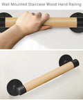 Wall Mount Premium Wooden Handrail For Indoor Stairs Built Tough With Heavy Duty Steel Brackets And Smooth Beech Wood Grip, close-up with hand.