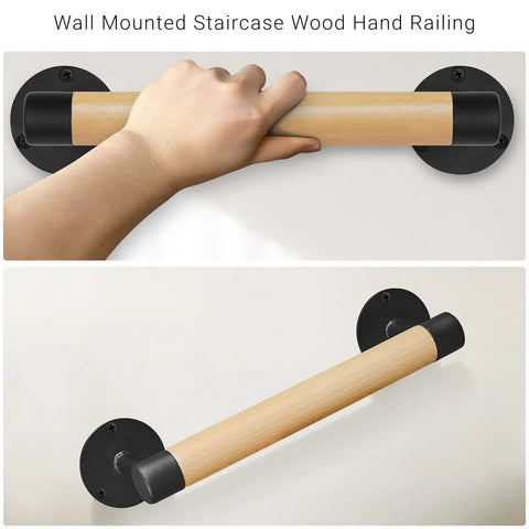 Wall Mount Premium Wooden Handrail For Indoor Stairs Built Tough With Heavy Duty Steel Brackets And Smooth Beech Wood Grip, close-up with hand.