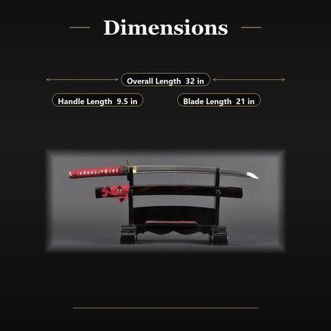 Hand Forged 1045 Carbon Steel Wakizashi With Full Tang, 21 Inch Blade, Bo Hi On Both Sides, Heat Tempered on display stand