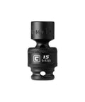 Front view of Universal 15mm Impact Socket For Three Eighths Inch Drive, 6 Point Metric, Swivel 360 Degree Reach, Heavy Duty Chrome Moly
