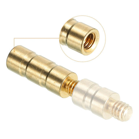 Close-up of 50 Grain Brass Arrow Inserts 0.244 Inch Diameter M4x5mm Thread 21mm Long highlighting threaded section and brass material